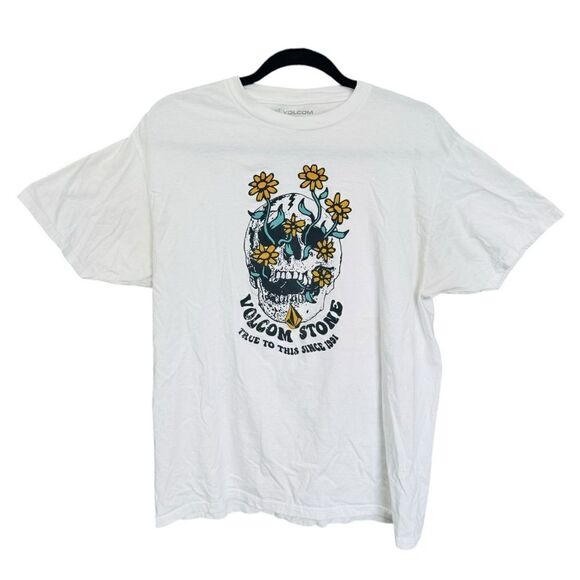 Volcom Men's White Graphic T-Shirt Skull Floral Crew Neck Size L - Picture 1 of 4